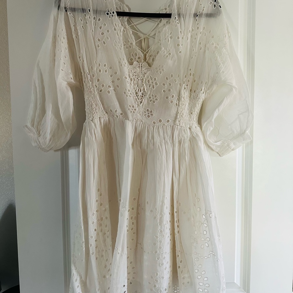 Free People Cream Smocked Puff Sleeve Sundress - Picture 3 of 3